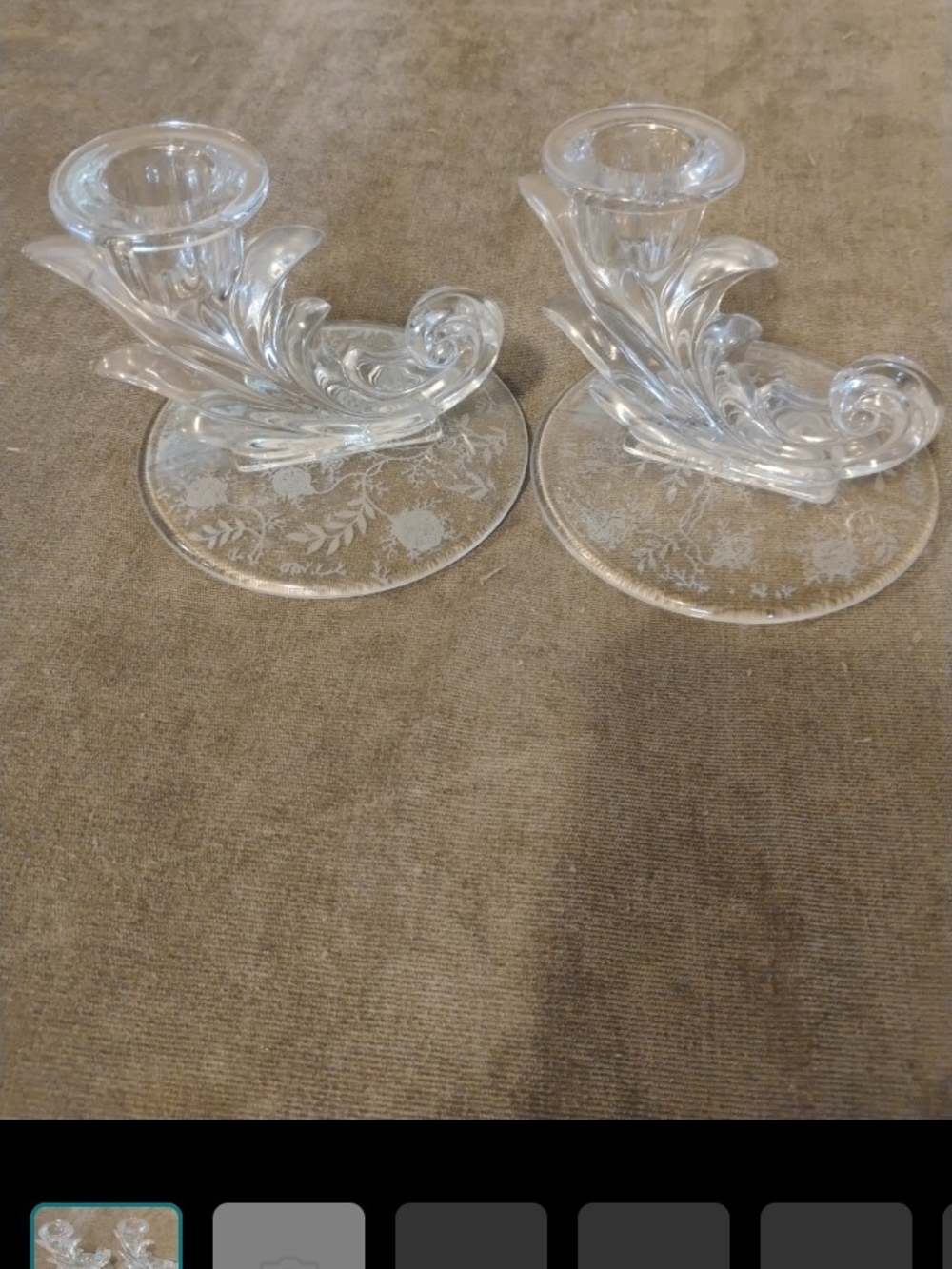 Fostoria Baroque clear glass candlestick holders with a floral etch